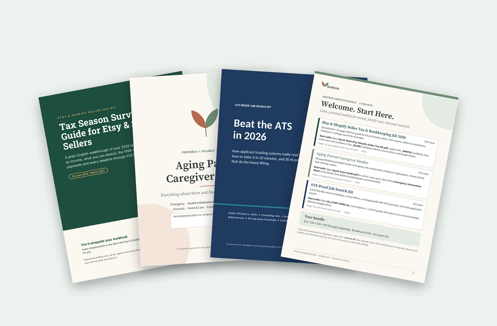 Real covers: Tax Season Survival Guide, Aging Parent Caregiver Binder, Beat the ATS in 2026 guide, and the bundle Start Here page