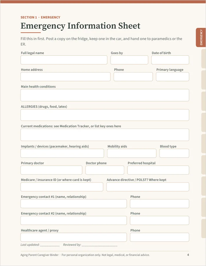 Emergency Information Sheet page