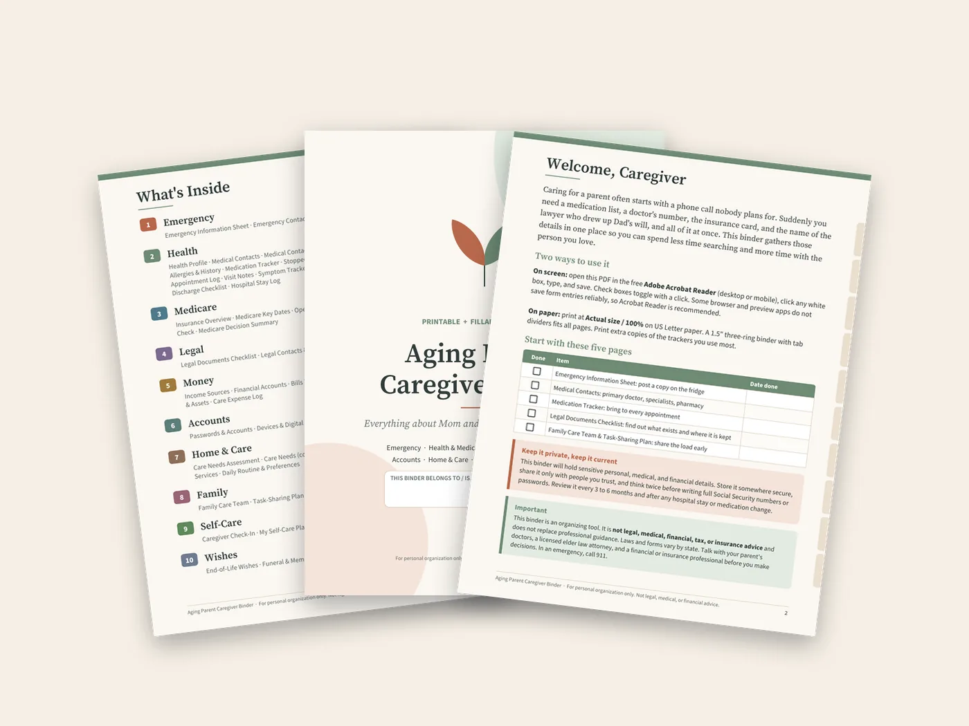 Pages from the Aging Parent Caregiver Binder: cover, welcome page and table of contents