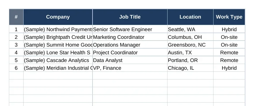 Applications tab of the job application tracker with sample rows