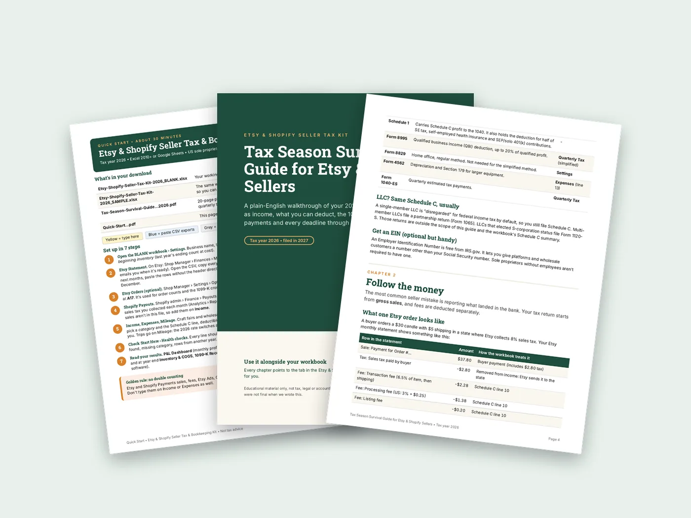 Tax Season Survival Guide cover and Quick Start pages from the Etsy & Shopify Seller Tax Kit